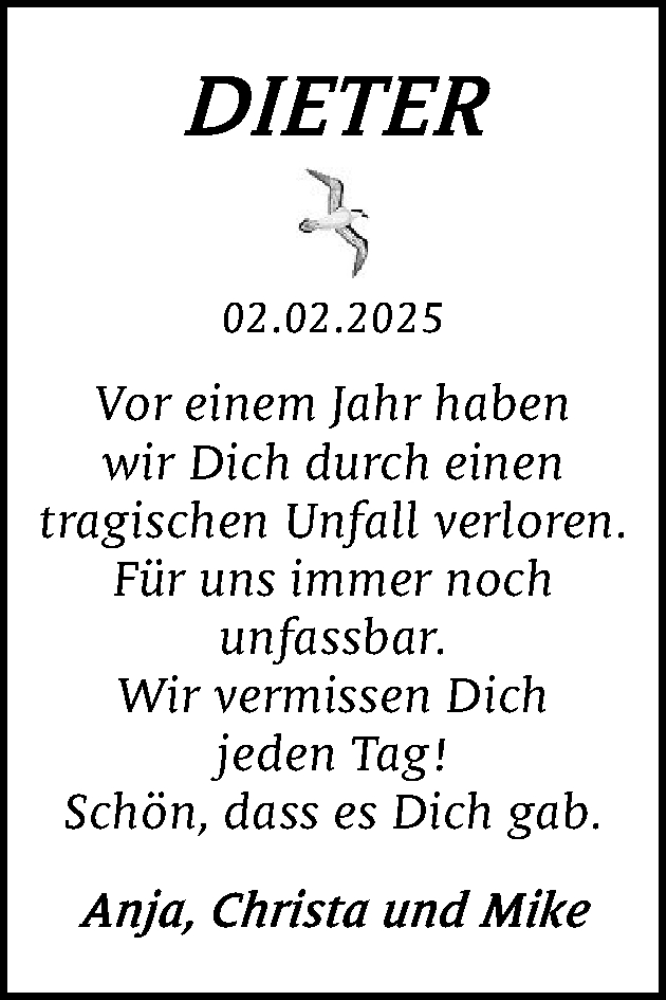  Traueranzeige für Dieter  vom 02.02.2026 aus Der Insel-Bote