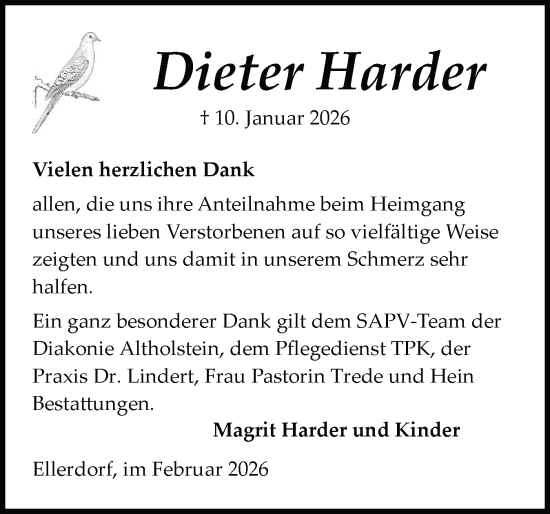 Traueranzeige von Dieter Harder von Schleswig-Holsteinische Landeszeitung