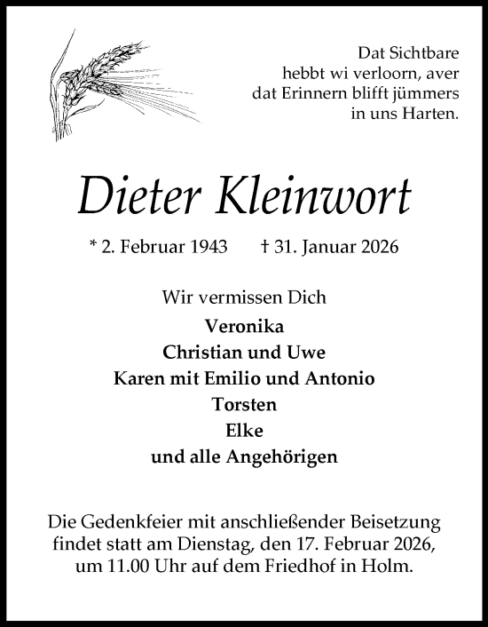 Traueranzeige von Dieter Kleinwort von Uetersener Nachrichten, Der tip am Wochenende