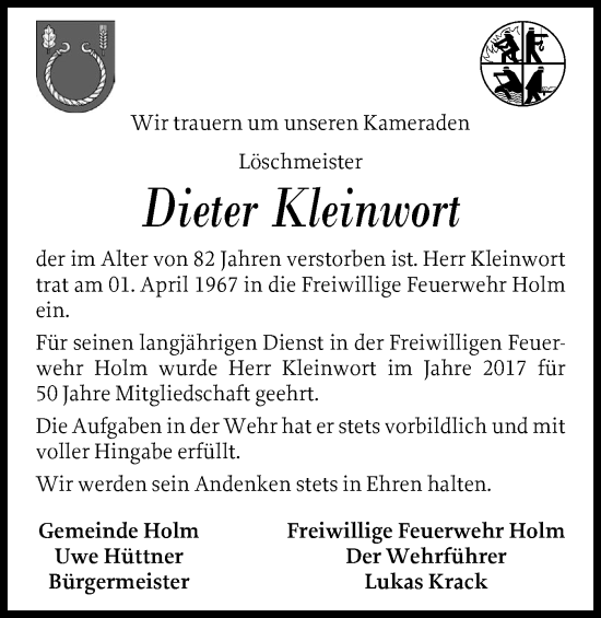 Traueranzeige von Dieter Kleinwort von Wedel-Schulauer Tageblatt, tip Wedel-Schulauer Tageblatt, tip Rissener Rundschau