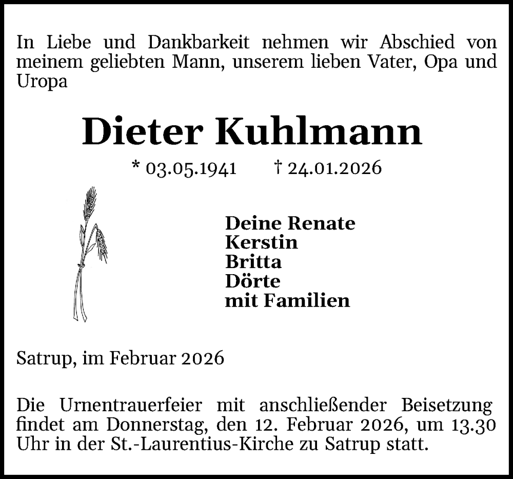  Traueranzeige für Dieter Kuhlmann vom 07.02.2026 aus Flensburger Tageblatt
