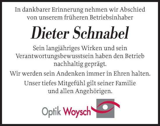 Traueranzeige von Dieter Schnabel von Sylter Rundschau