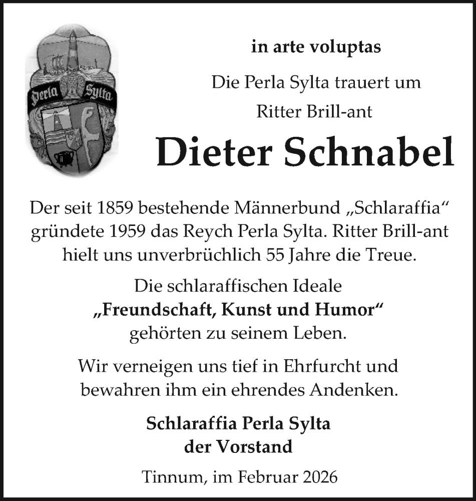  Traueranzeige für Dieter Schnabel vom 18.02.2026 aus Sylter Rundschau