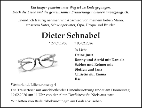 Traueranzeige von Dieter Schnabel von Sylter Rundschau