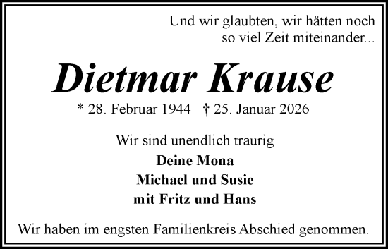 Traueranzeige von Dietmar Krause von Flensburger Tageblatt