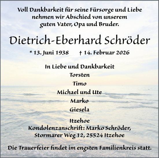 Traueranzeige von Dietrich-Eberhard Schröder von Norddeutsche Rundschau, Wilstersche Zeitung, Glückstädter Fortuna