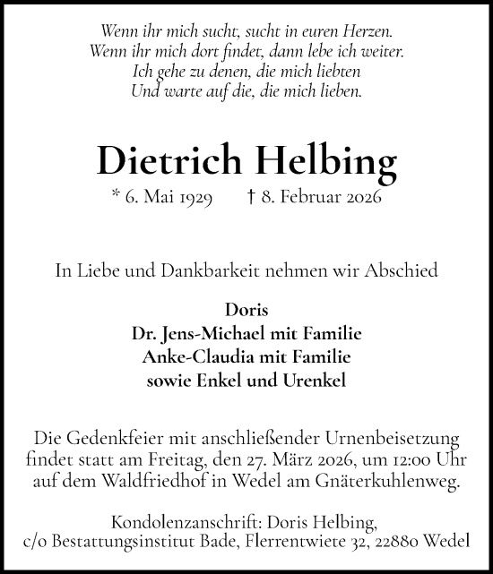 Traueranzeige von Dietrich Helbing von Wedel-Schulauer Tageblatt, tip Wedel-Schulauer Tageblatt, tip Rissener Rundschau
