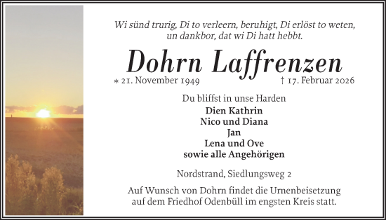 Traueranzeige von Dohrn Laffrenzen von Husumer Nachrichten, Nordfriesland Tageblatt