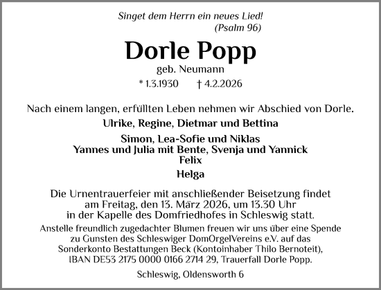 Traueranzeige von Dorle Popp von Schleswiger Nachrichten, Schlei-Bote