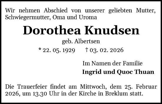 Traueranzeige von Dorothea Knudsen von Region Westküste