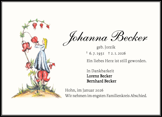 Traueranzeige von Johanna Becker von Schleswig-Holsteinische Landeszeitung