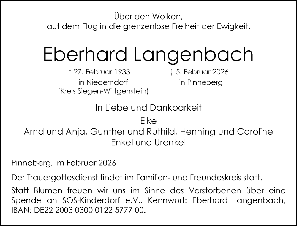  Traueranzeige für Eberhard Langenbach vom 14.02.2026 aus Region Pinneberg und tip Pinneberg