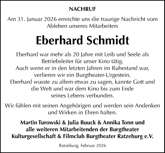 Traueranzeige von Eberhard Schmidt von MARKT Ratzeburg/Mölln