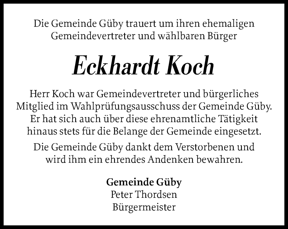  Traueranzeige für Eckhardt Koch vom 24.01.2026 aus Eckernförder Zeitung
