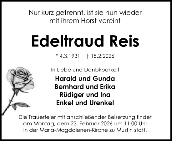 Traueranzeige von Edeltraud Reis von MARKT Ratzeburg/Mölln