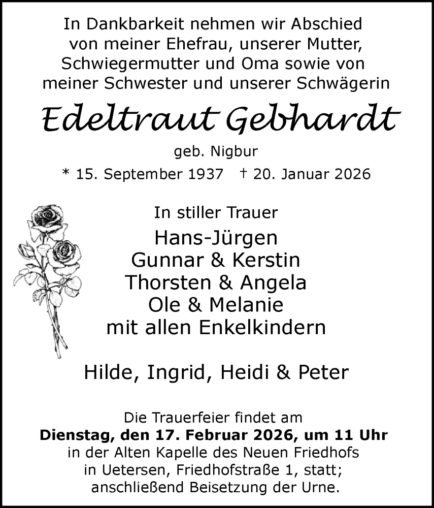  Traueranzeige für Edeltraut Gebhardt vom 07.02.2026 aus Uetersener Nachrichten, Der tip am Wochenende