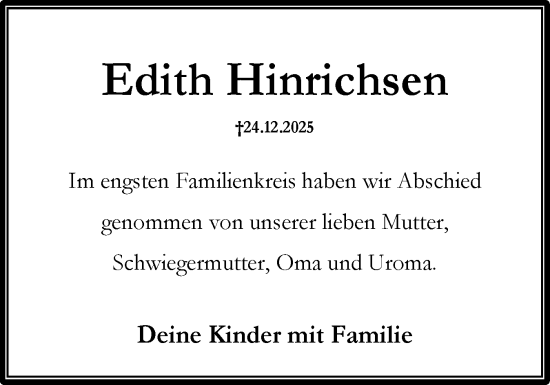 Traueranzeige von Edith Hinrichsen von Holsteinischer Courier