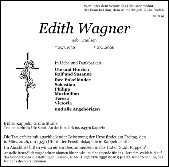 Traueranzeige von Edith Wagner von Schleswiger Nachrichten, Schlei-Bote