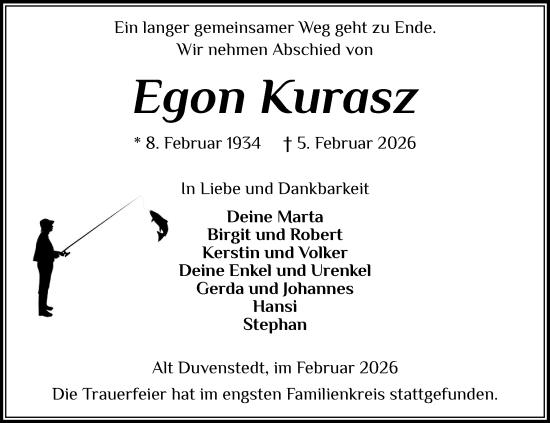 Traueranzeige von Egon Kurasz von Schleswig-Holsteinische Landeszeitung
