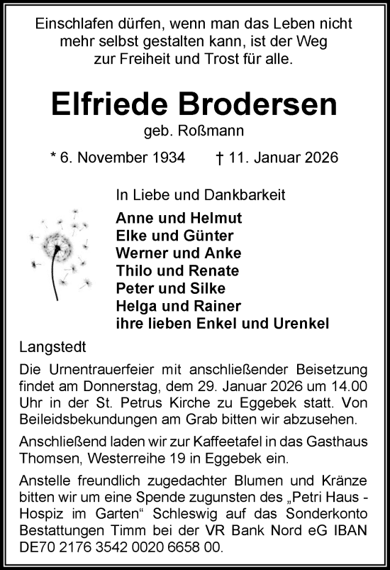 Traueranzeige von Elfriede Brodersen von Flensburger Tageblatt