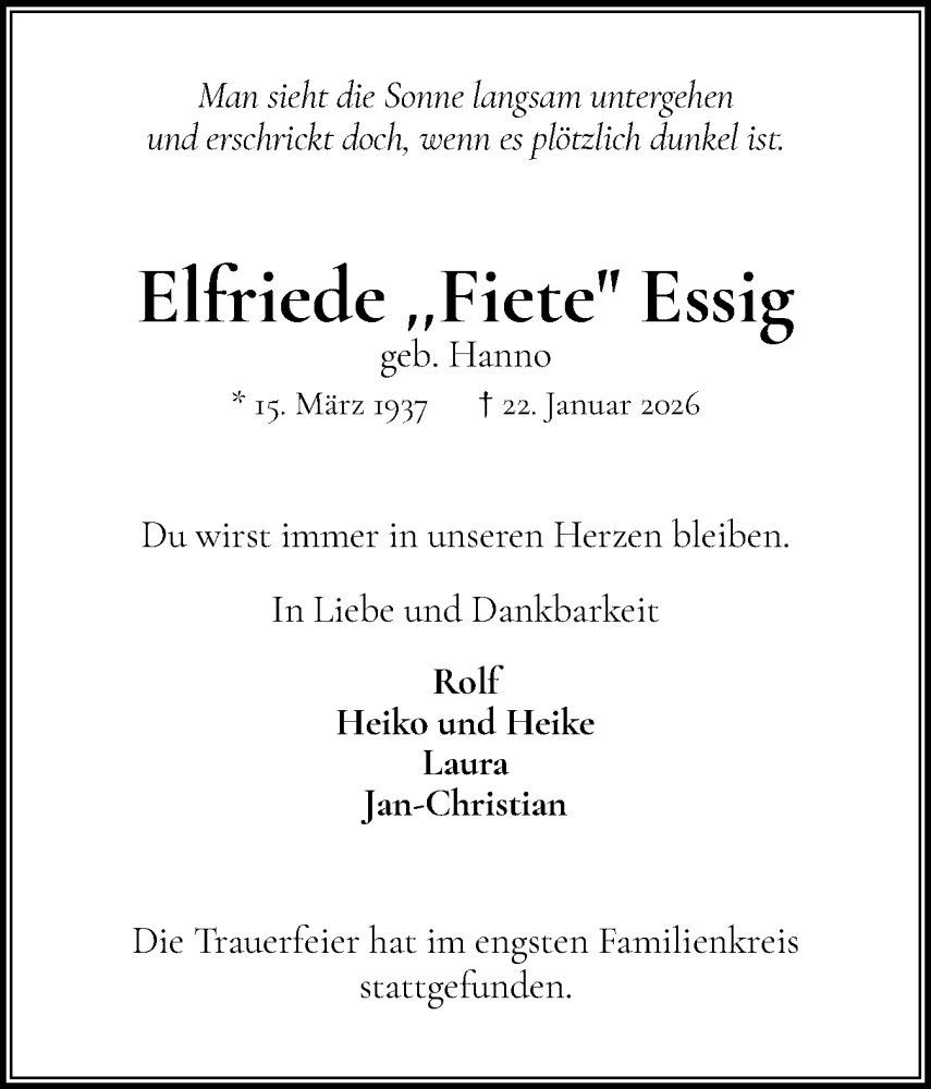  Traueranzeige für Elfriede Essig vom 14.02.2026 aus Wedel-Schulauer Tageblatt, tip Wedel-Schulauer Tageblatt, tip Rissener Rundschau