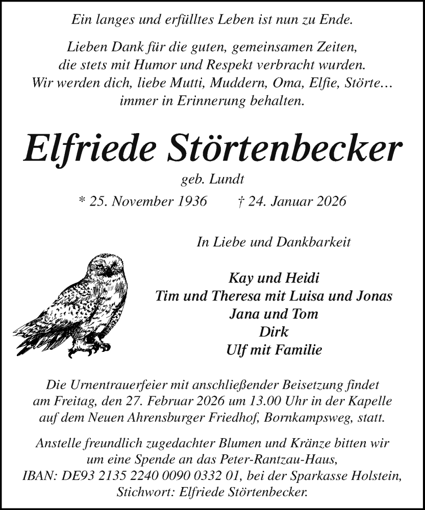  Traueranzeige für Elfriede Störtenbecker vom 21.02.2026 aus MARKT Ahrensburg/Bargteheide/Trittau und Stormarner Tageblatt