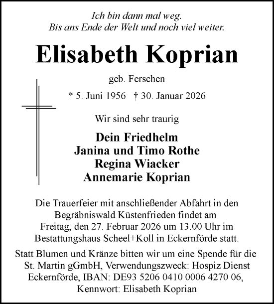 Traueranzeige von Elisabeth Koprian von Eckernförder Zeitung, Hallo Eckernförde