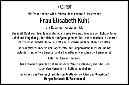 Traueranzeige von Elisabeth Kühl von Heimatspiegel