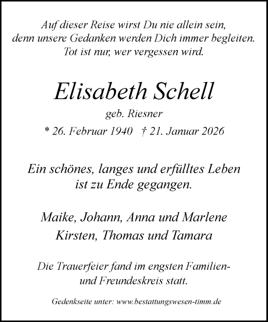 Traueranzeige von Elisabeth Schell von Umschau