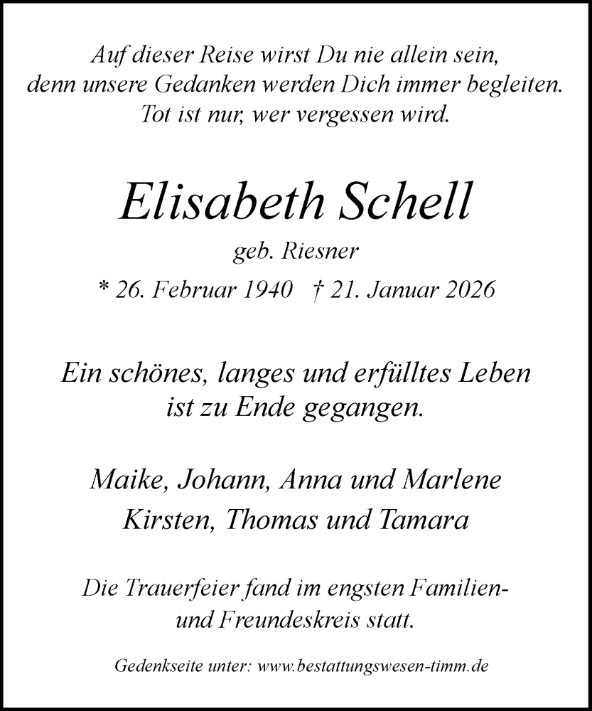  Traueranzeige für Elisabeth Schell vom 07.02.2026 aus Umschau