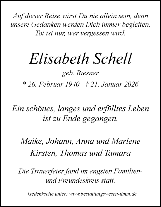 Traueranzeige von Elisabeth Schell von Region Pinneberg und tip Pinneberg