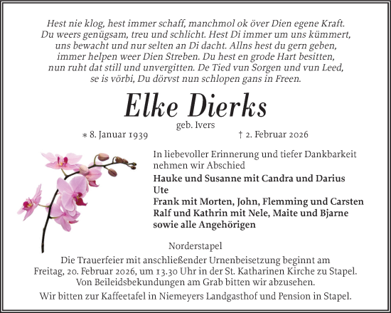 Traueranzeige von Elke Dierks von Husumer Nachrichten, Nordfriesland Tageblatt