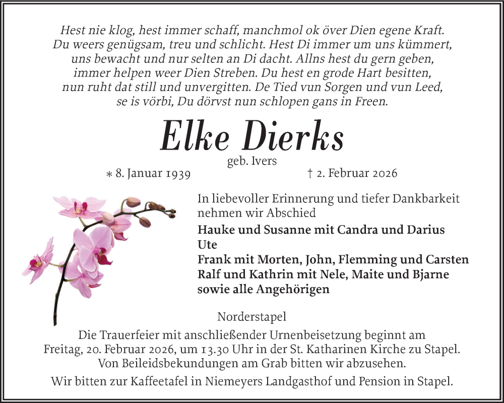  Traueranzeige für Elke Dierks vom 14.02.2026 aus Husumer Nachrichten, Nordfriesland Tageblatt