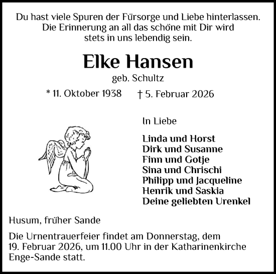 Traueranzeige von Elke Hansen von Husumer Nachrichten, Nordfriesland Tageblatt