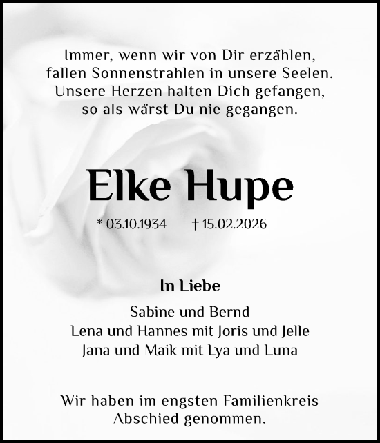 Traueranzeige von Elke Hupe von Holsteinischer Courier