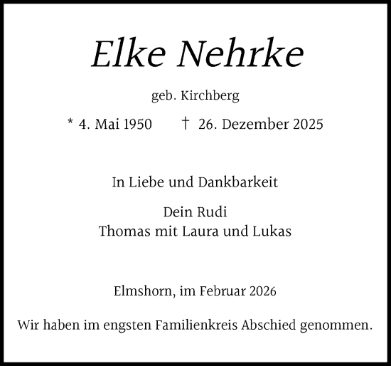 Traueranzeige von Elke Nehrke von Elmshorner Nachrichten, Barmstedter Zeitung