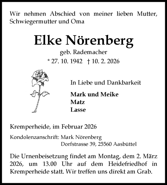 Traueranzeige von Elke Nörenberg von Norddeutsche Rundschau, Wilstersche Zeitung, Glückstädter Fortuna