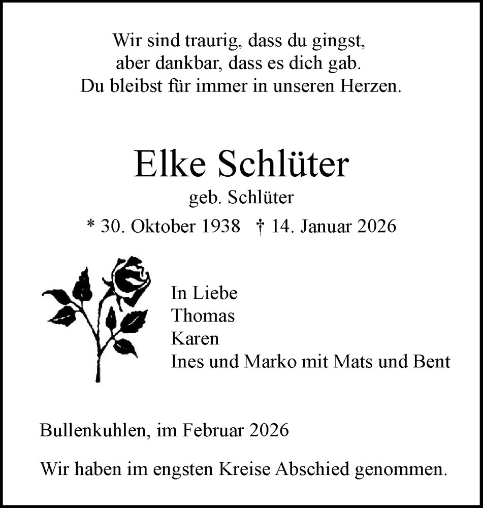  Traueranzeige für Elke Schlüter vom 14.02.2026 aus Elmshorner Nachrichten, Barmstedter Zeitung