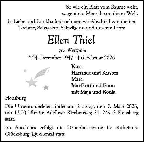 Traueranzeige von Ellen Thiel von Flensburger Tageblatt