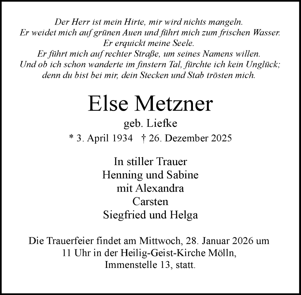  Traueranzeige für Else Metzner vom 24.01.2026 aus MARKT Ratzeburg/Mölln