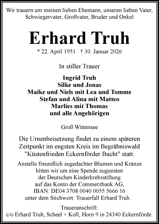 Traueranzeige von Erhard Truh von Eckernförder Zeitung, Hallo Eckernförde