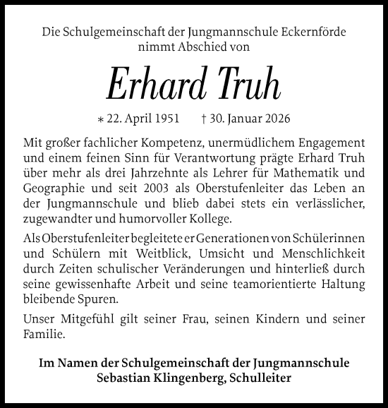 Traueranzeige von Erhard Truh von Eckernförder Zeitung