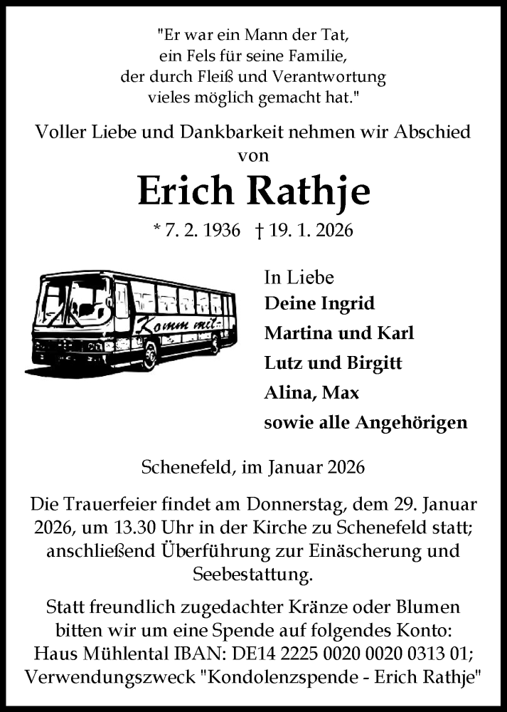  Traueranzeige für Erich Rathje vom 24.01.2026 aus Norddeutsche Rundschau, Wilstersche Zeitung, Glückstädter Fortuna