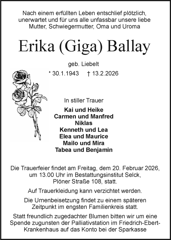 Traueranzeige von Erika Ballay von Holsteinischer Courier