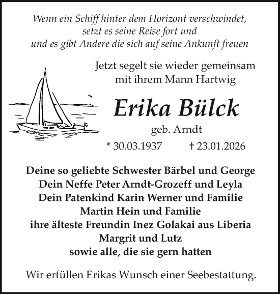 Traueranzeige von Erika Bülck von Sylter Rundschau
