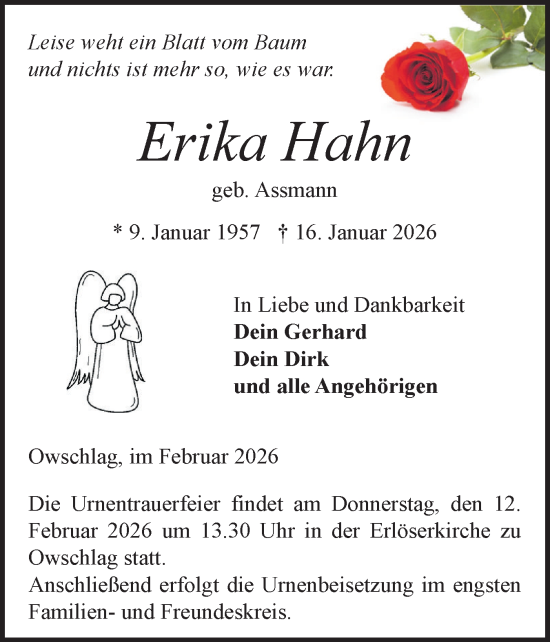 Traueranzeige von Erika Hahn von Schleswig-Holsteinische Landeszeitung