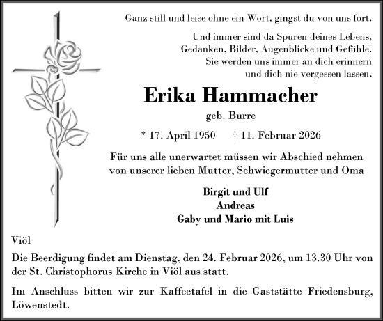 Traueranzeige von Erika Hammacher von Husumer Nachrichten, Nordfriesland Tageblatt