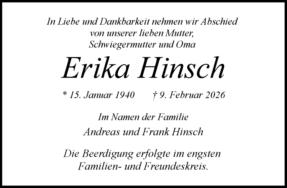  Traueranzeige für Erika Hinsch vom 21.02.2026 aus MARKT Glinde/Reinbek