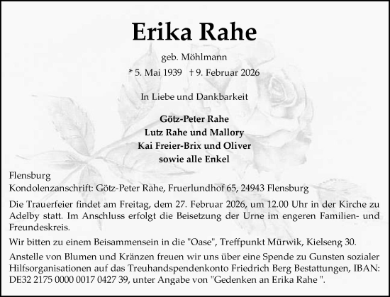 Traueranzeige von Erika Rahe von Flensburger Tageblatt
