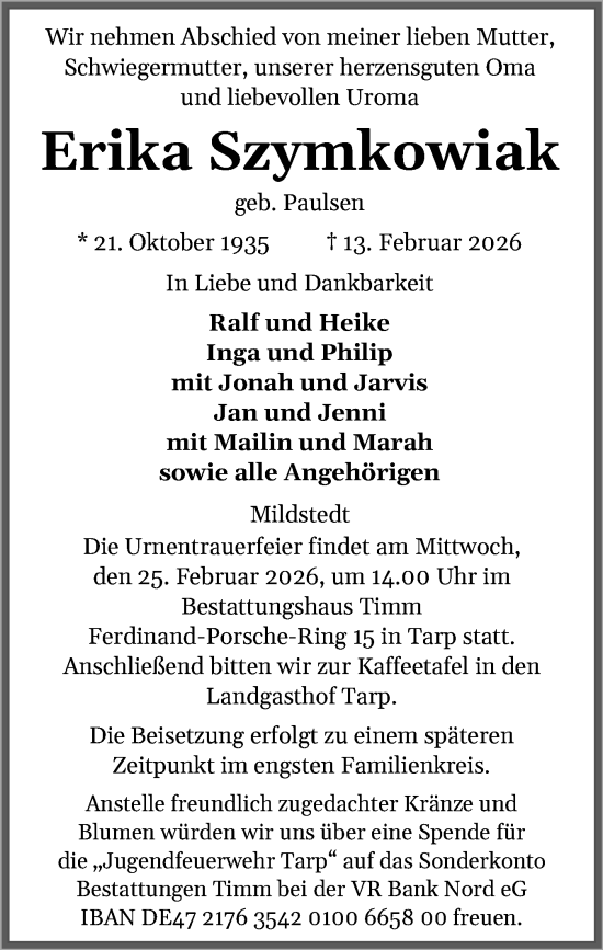 Traueranzeige von Erika Szymkowiak von Husumer Nachrichten, Nordfriesland Tageblatt